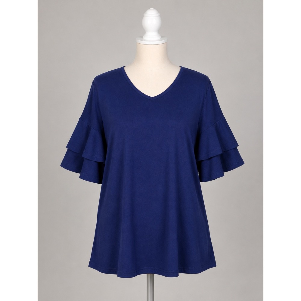 Yesfashion Navy Blue V-Neck Top Double‎ Layer Ruffle Short Sleeve Blouse Medium